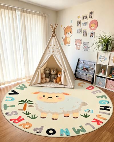 TWINNIS Kids Animal Print Round Rug for Playroom, Alphabet Washable Area Rugs for Boy Girl Baby Toddler Children, 5x5 Cute ABC Mat Play Carpet Nursery Bedroom Decor, Sheep - Image 5