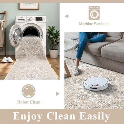 RUUGME Hallway 2'6x12 Runner Rug: Vintage Washable Kitchen Rugs Non-Slip Low Pile Carpet for Entryway Soft Thin Stain Resistant Floor Decor Mat for Bathroom Living Room Bedroom(Beige/Cream,2'6"x12') - Image 4