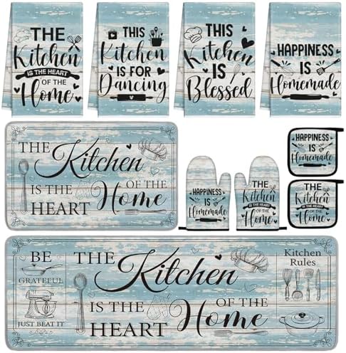 Fourluoo 10 Pcs Blue Color Kitchen Towels Oven Mitts Pot Holders Rugs Set by Fourluoo