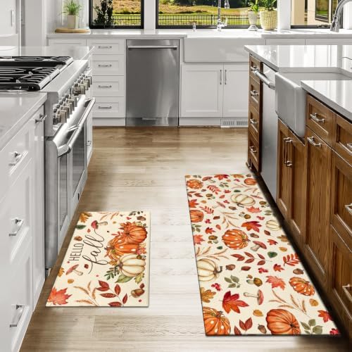 Fall Kitchen Rugs Set of 2,Fall Entrance Door Mats Pumpkin Mushroom Non Slip Kitchen Rug,Washable Anti Fatigue Mat,Kitchen Floor Washable Runner Rug, Autumn Thanksgiving Kitchen Laundry 17x30+17x47In - Image 2