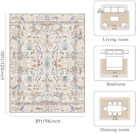 Area Rugs 8x10 Washable Non-Slip: Floral Vintage Rug for Living Room Beige - Image 2