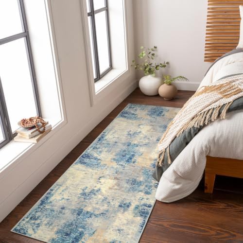 Lahome Modern Abstract Blue Bathroom Rug, 2x6 Washable Long Hallway Rug Soft Non Slip Blue Floor Accent Carpet Runner for Entryway Kitchen Laundry Room Doorway Bedroom - Image 3
