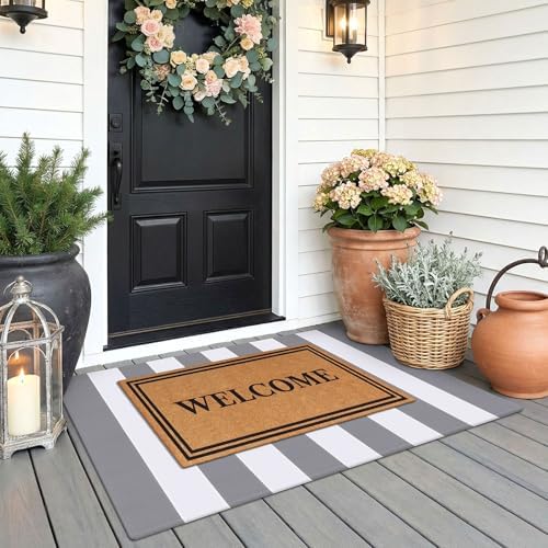 KOZYFLY Striped Rug 2.3x3.6 ft Cotton Woven Front Door Rugs, Gray and White - Image 3