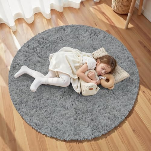 Light Gray Round Fluffy Rug 6ft Plush Fuzzy Shaggy Carpet - Image 5