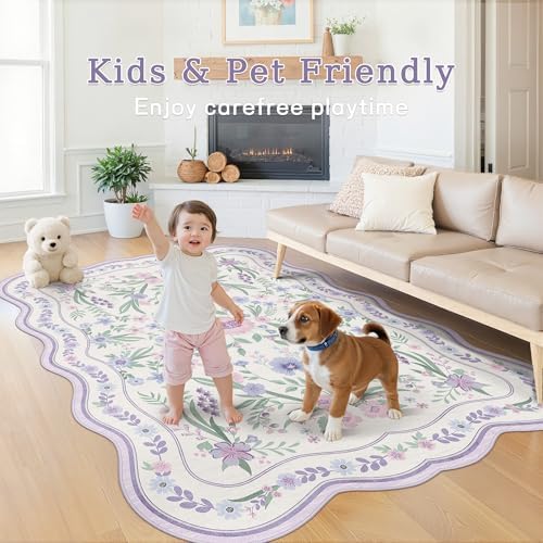 Scalloped Floral Rug 5x8,Purple Lavender Washable Girls Bedroom Rug - Image 3
