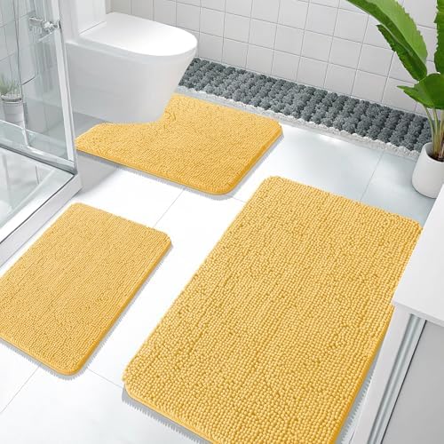 OLANLY Chenille Bathroom Rugs Sets 3 Piece, 36"x24"+24"x16"+24"x20", Yellow by OLANLY