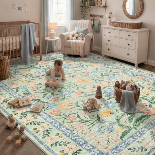 Wonnitar Machine Washable Area Rugs 9x12, Soft Sage Green Floral Rug for Living Room Bedroom, Ultra-Thin Large Foldable Boho Carpets for Playroom Classroom Dining Room - Image 6