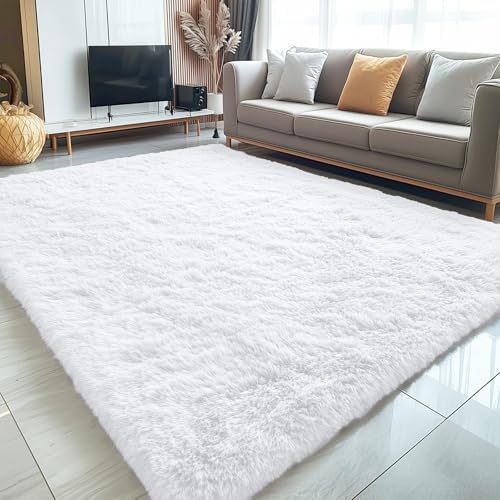 OLANLY 5x8 Machine Washable Large Area Rugs for Living Room, Bedroom, Soft Fluffy Shaggy Bedside Rug, Indoor Floor Carpet for Kids Girls and Boys, Dorms, Nursery, Home Decor Aesthetic, White by OLANLY