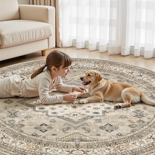 cotiled 8ft Round Living Room Area Rug, Washable, Traditional, Beige - Image 6