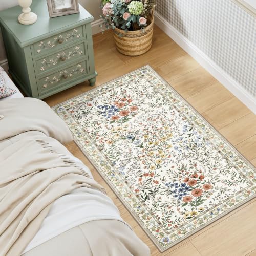 Washable Kitchen Runner Rug 2x4: Vintage Floral Rug for Laundry Room Entryway - Machine Washable Non Slip Low Pile Carpet - Soft Foldable Runner for High Traffic Areas - 2'x4' Beige - Image 5