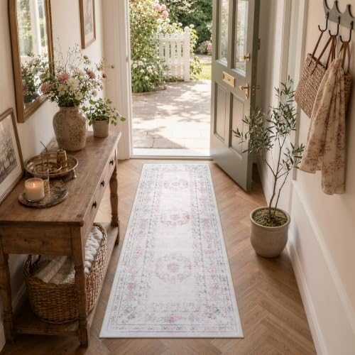Wonnitar 2x6 Floral Bow Runner Rug for Hallway, Pink Washable Runner Rug with Non Slip Backing, Ultra-Thin Soft Boho Floral Carpet Runner for Bedroom Nursery Kitchen Laundry Room, Light Pink by Wonnitar