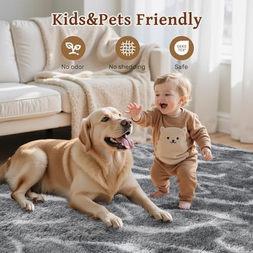 Area Rugs for Living Room 8x10 Feet, Soft Fluffy Shagg Plush Bedroom Rug Non-Slip,Large Carpet for Nursery Kids Dorm Home Decor Wavy Grey - Image 6
