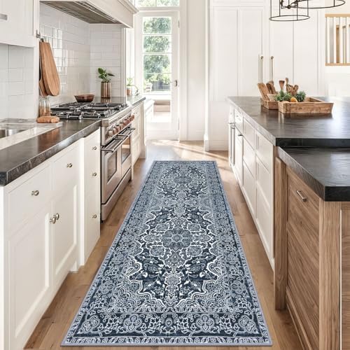 KUTA Washable Kitchen Runner 3x8 Washable 8 ft Navy Blue Runners - Image 2