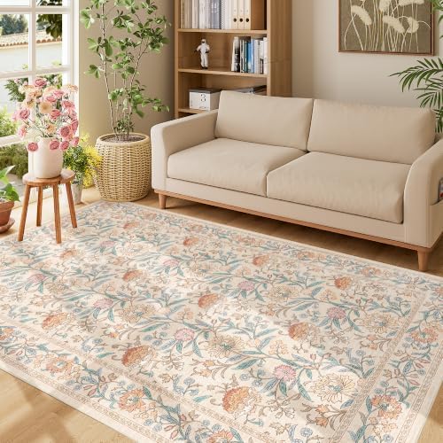 DUKINO 5x8 Area Rug, Vintage Floral Washable Rugs for Living Room, Beige - Image 5