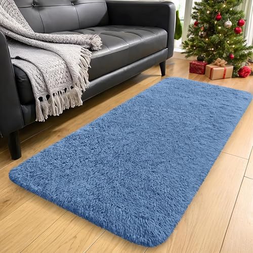 OLANLY 2x5 Machine Washable Runner Rugs for Hallway, Soft Fluffy Shaggy Bedside Rugs for Bedroom, Living Room, Indoor Floor Carpet for Kids Girls and Boys, Home Decor Aesthetic, Blue - Image 3