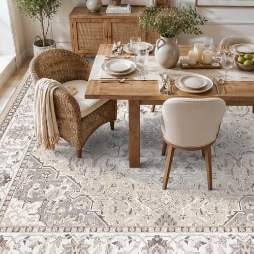 Living Room 12x12 Square Area Rug: Stain Resistant Washable Beige Vintage Rug Low-Pile Soft Floor Carpet for Bedroom Playroom Indoor Non Slip Boho Home Decor Mat for Office Dining Room(12x12，Beige) - Image 2