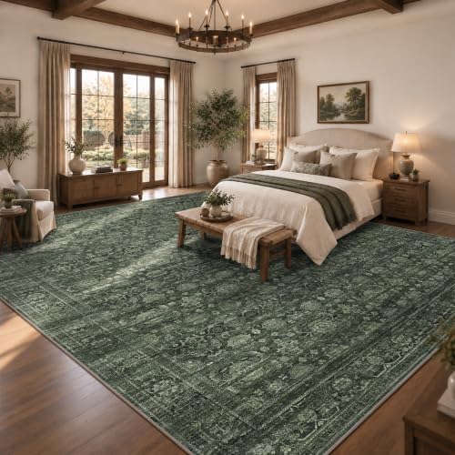 JOOJA 10x12 Dark Green Vintage Floral Low Pile Non Slip Washable Area Rug - Image 3
