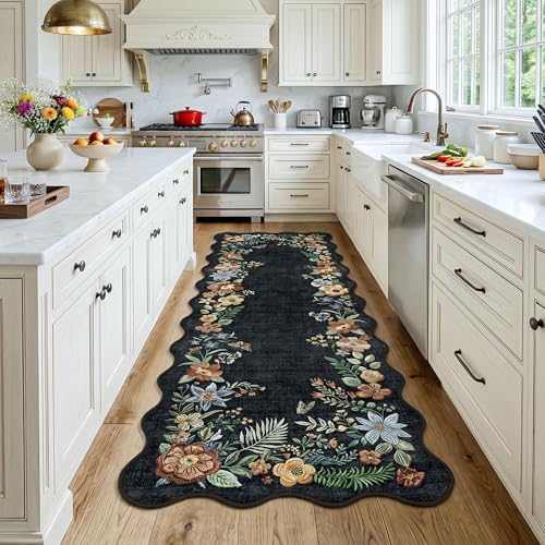FMFUNCTEX 2x6 Hallway Runner Rug Washable Black Floral Vintage Flower Boho - Image 2