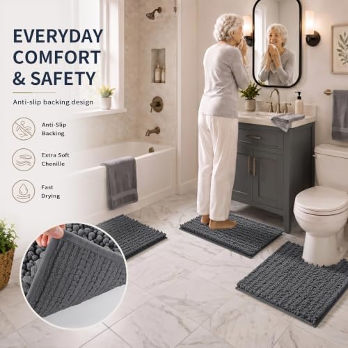 Yimobra Bathroom Rug Set 3 Piece, Super Absorbent Bath Mat Set, Dark Gray - Image 5