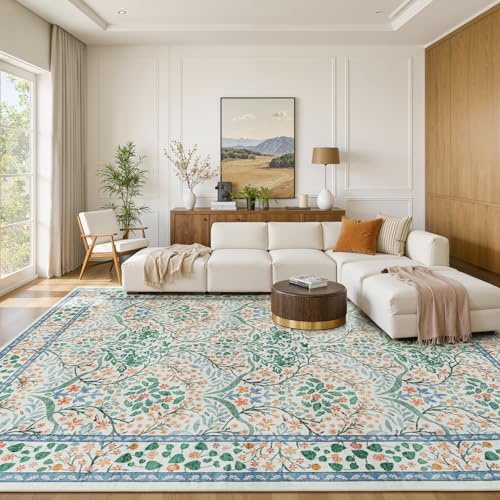 Lofus 8x10 Floral Living Room Rug, Washable Large Area Rugs White Green - Image 2