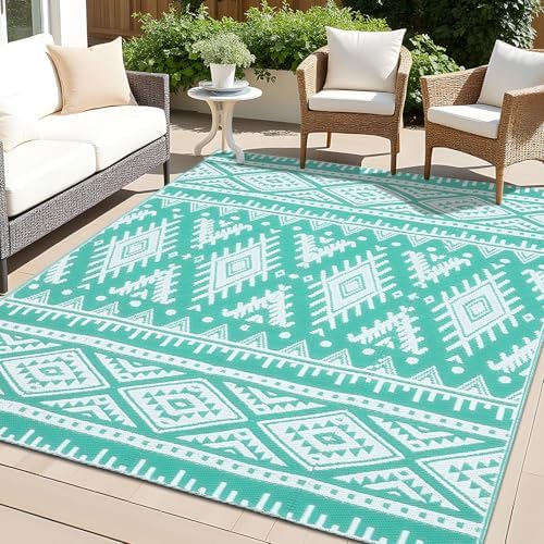 OLANLY Outdoor Rug 5x8 ft Waterproof Reversible Boho Mat, Turquoise & White by OLANLY