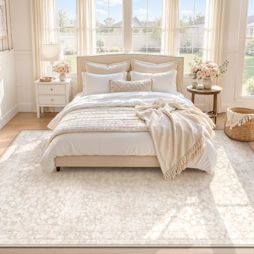 5x7 Area Rugs for Living Room: Boho Vintage Washable Rug Non-Slip Soft Stain Repellent Area Rugs Indoor Low-Pile Carpet for Bedroom Nursery Office Dining Room Playroom Farmhouse (Beige, 5'x7') - Image 2