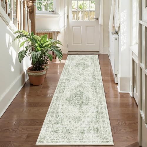 2.6x8 Washable Kitchen Runner Rug Soft Medallion Green Throw Carpet by HOME
