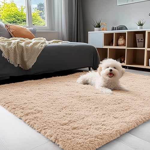 OLANLY 3x5 Machine Washable Small Bedside Rug, Soft Fluffy Shaggy Rugs for Living Room, Bedroom, Indoor Floor Carpet for Kids Girls and Boys, Preppy Dorms, Nursery, Home Decor Aesthetic, Beige by OLANLY