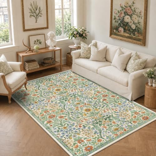 Floral Area Rug 5x8 Botanical Washable Carpet for Living Room by NakedCloud