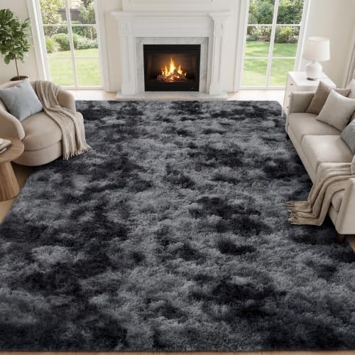 PLHXFR 8x10 Area Rugs Living Room: Fluffy Bedroom Soft Shag Rug Black Grey - Image 2