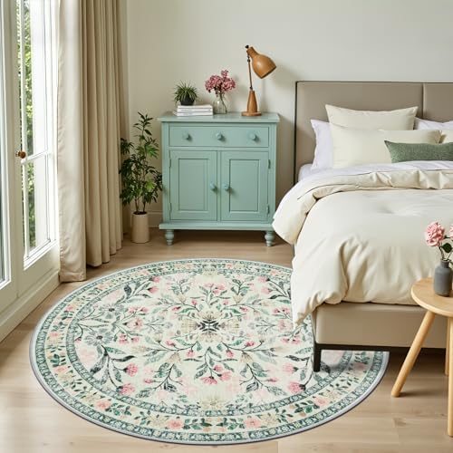 PLHXFR Round Area Rug Living Room: 6 ft Floral Washable Carpet Green Beige - Image 3