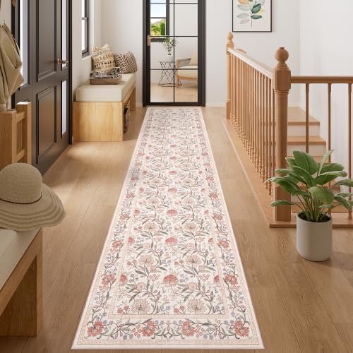 DUKINO 2x10 Runner Rug for Hallway, Washable Vintage Floral Rug, Beige Pink by DUKINO