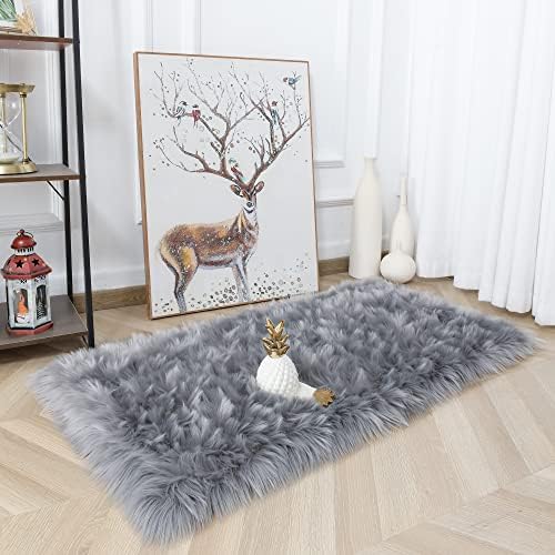 2x4 Grey Faux Fur Runner Rug Fluffy Soft Washable for Bedroom Dorm Hallway - Image 3
