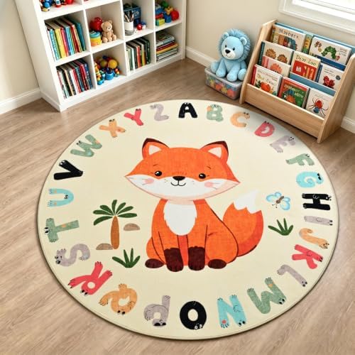 TWINNIS Kids Animal Print Round Rug for Playroom, Alphabet Washable Area Rugs for Boy Girl Baby Toddler Children, 4x4 Cute ABC Mat Play Carpet Nursery Bedroom Decor, Fox by TWINNIS