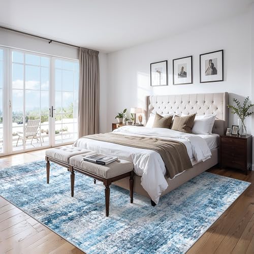 PLHXFR Area Rug Living Room: 4x6 Modern Abstract Washable Carpet Blue - Image 2