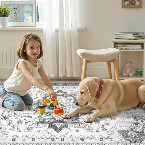 befbee 6x9 Washable Area Rug for Living Room Vintage Floral Carpet Grey - Image 6