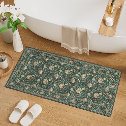 DUKINO 2x4 Rug, Washable Vintage Floral Entryway Rug Non Slip, Green - Image 3