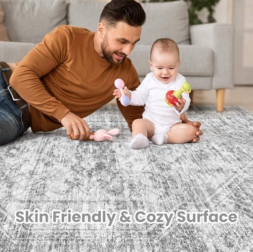 6x9 Area Rug for Living Room, Washable, Traditional, Distressed Grey - Image 3
