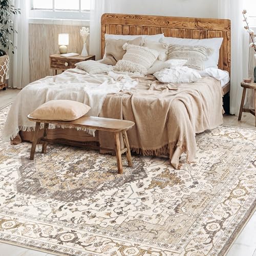 Area Rug for Living Room - 8x10 Soft Washable Oriental Vintage Floral Distressed Large Carpet - Fade Stain Resistant Non Slip Rugs for Bedroom Dining Room Nursery Dorm Office Home Decor-Camel/Beige - Image 6