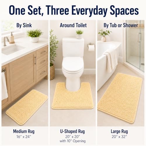 Bathroom Rugs 3 piece Bath Rugs Sets 3 Piece, Extra Soft and Absorbent Shaggy Bathroom Mat Rugs, Machine Washable, Non-Slip Plush Carpet Butter Yellow - Image 4