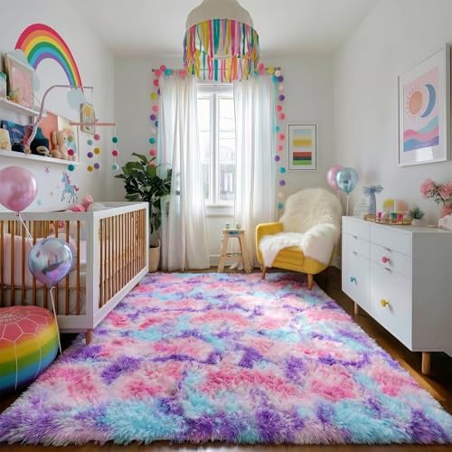 Amdrebio Pink Blue Purple Big Shaggy Rug 6x9 for Living Room Girls Bedroom - Image 6