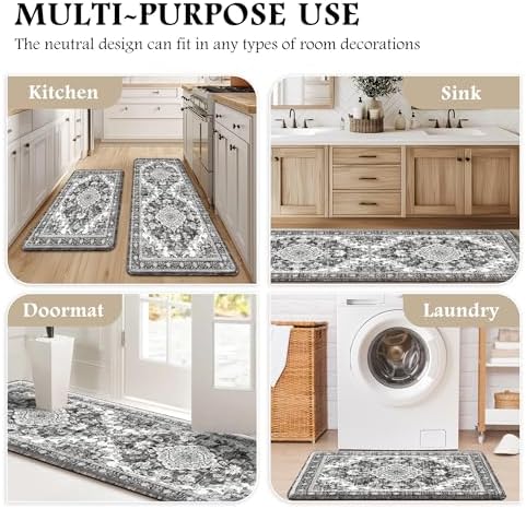Boho Kitchen Mats for Floor 2PC Anti Fatigue Kitchen Rugs, Dark Grey - Image 6