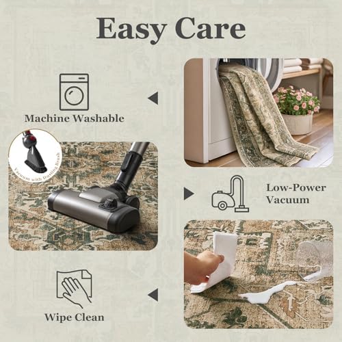 Retro 7x9 Area Rug for Living Room, Distressed Medallion Dining Room Rug Under Table, Washable Non Slip Thin Carpet Rugs for Bedroom Under Bed Home Office, Multi Brown/Olive - Image 6