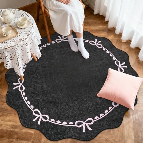 GarveeHome 6ft Round Rugs Washable Scalloped Bow Rug for Bedroom Black Pink - Image 2