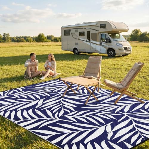 Smiry Outdoor Rug 8x10 ft Waterproof Reversible Leaf Mat, Navy & White - Image 2