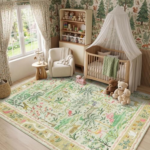 8x10 Washable Rug for Living Room Green Animal Print Large Bedroom Rugs Non Slip Forest Nursery Girls Room Throw Carpet Stain Resistant Whimsical Safari Area Rugs for Home Office, Sage Green - Image 3