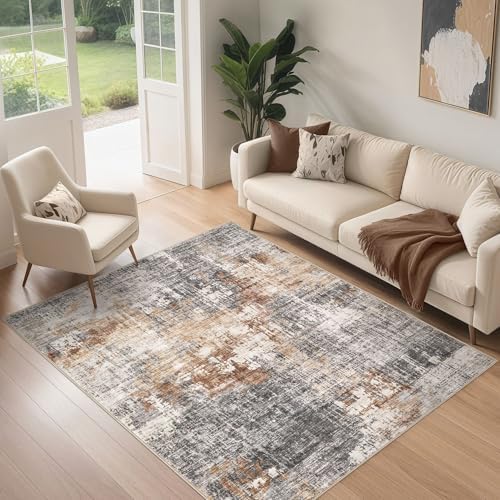 DMOYEST Area Rug Living Room Rugs - 4x6 Abstract Small Soft Indoor Washable Rug Neutral Modern Low Pile Carpet for Bedroom Dining Room Farmhouse Home Office - Grey Brown - Image 3