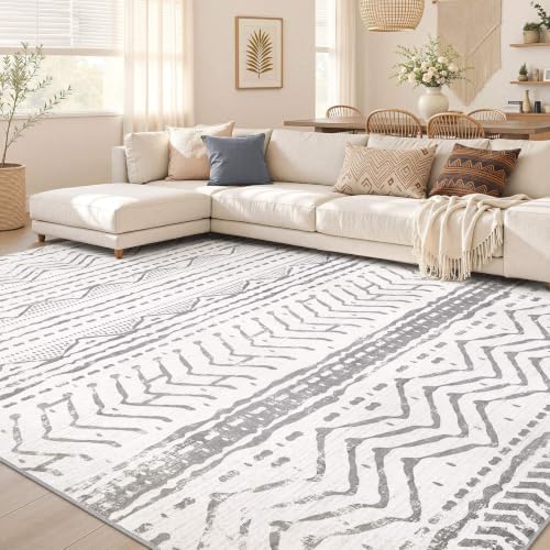 Nakagishi Area Rugs 9x12 Living Room: Washable Boho Large Neutral Modern Soft Farmhouse Rug Stain Resistant Indoor Non-Slip Accent Carpet for Bedroom Nursery Kids Playroom Office Dining Room- Gray by NakagishiAreaRug