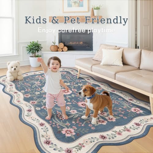 Scalloped Floral Rug 6x9, Dusty Blue Washable Non Slip Area Rug for Girls Bedroom, Soft Low Pile Vintage Rug for Living Room,Nursery, Dorm - Image 3