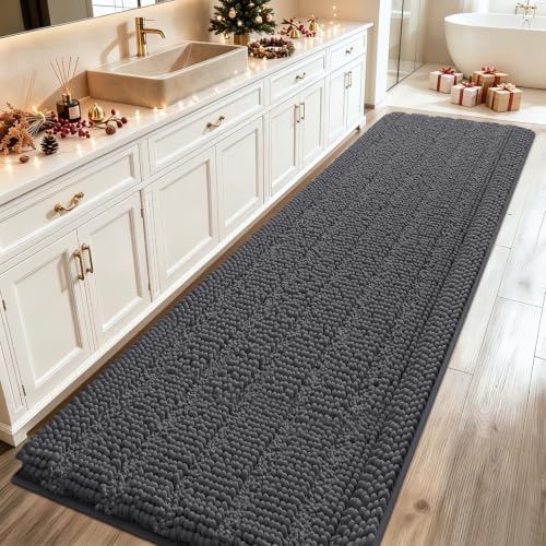 ACCUMTEK Extra Long Striped Grey Bathroom Rug Mat 70"x24" Ultra Soft, Non Slip Chenille Bath Rugs, Absorbent Plush Shaggy Bath Mats for Bathroom, Bedroom, Kitchen, Shower, Tub,Dark Gray, Charcoal by ACCUMTEK